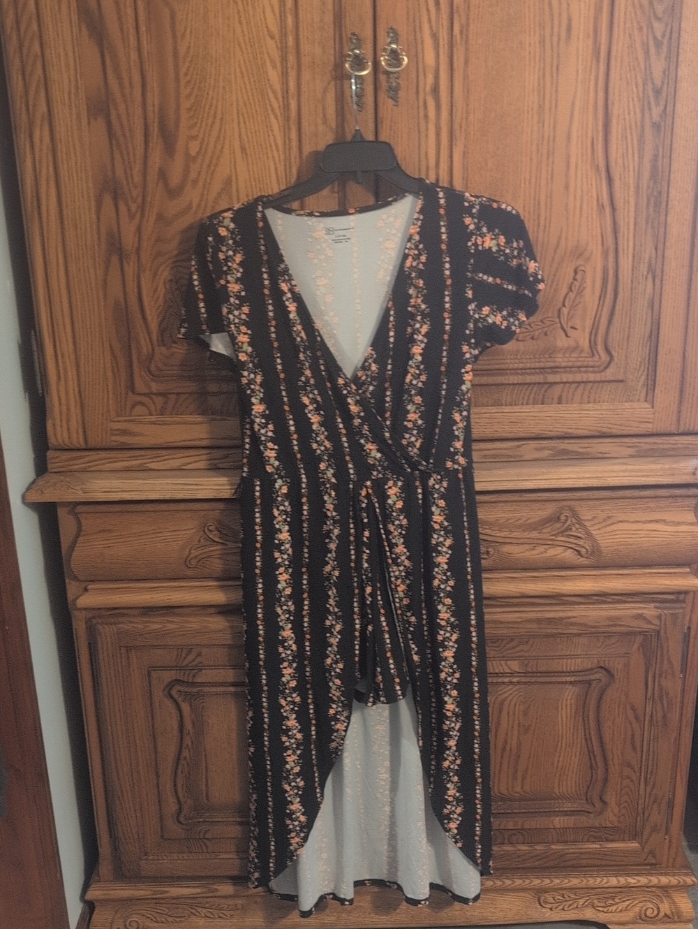 No Boundaries Black Floral High-Low Wrap Dress with Peach Accents
